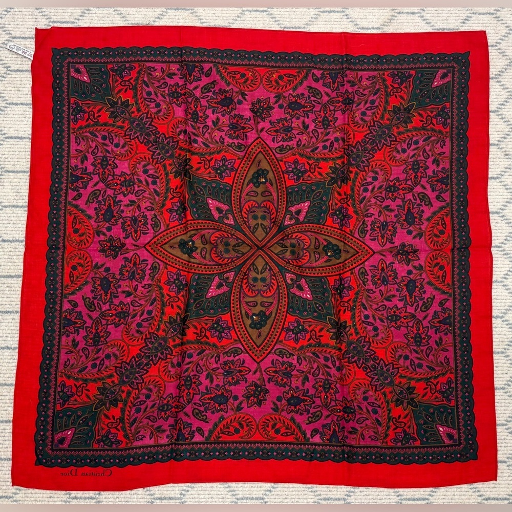 CHRISTIAN DIOR Vintage Rare Red Paisley Floral Retro 100% Wool Square Scarf - Picture 11 of 14